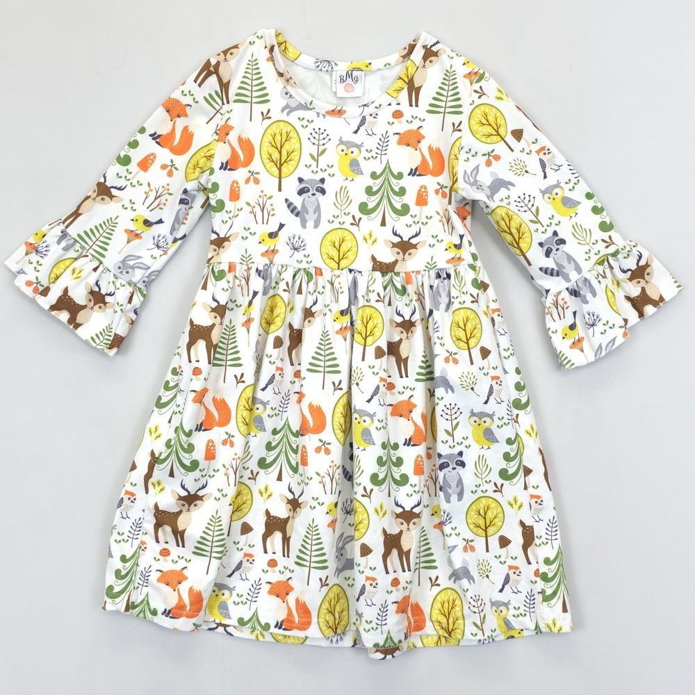 BMG Dress Girls M Forest Animal Print Deer Fox Owl Ruffle Long Sleeve Fall